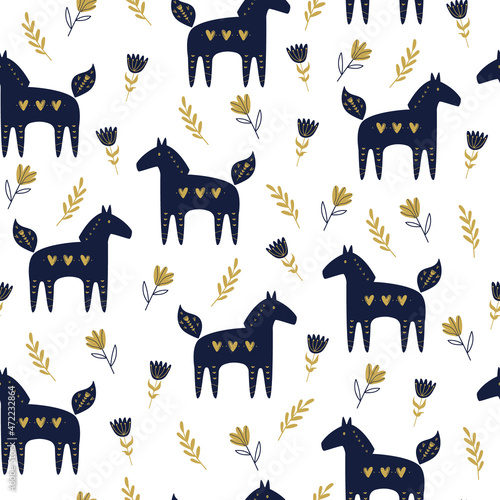 Vector seamless pattern with folk horses in Scandinavian style