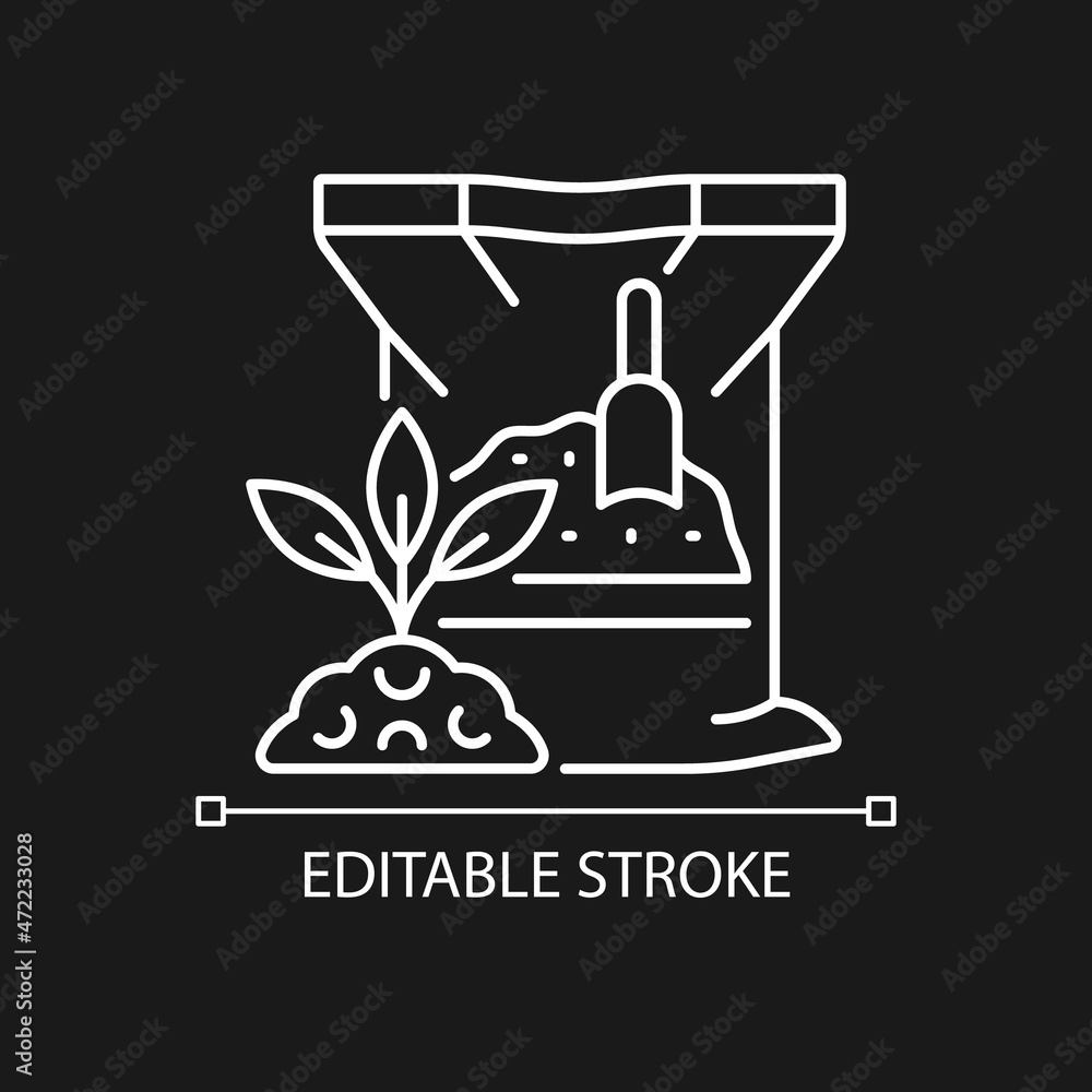Dry fertilizer linear icon for dark theme. Mixture of supplements for plants. Growth increasing. Thin line customizable illustration. Isolated vector contour symbol for night mode. Editable stroke Dry fertilizer linear icon for dark theme. Mixture of supplements for plants. Growth increasing. Thin line customizable illustration. Isolated vector contour symbol for night mode. Editable stroke