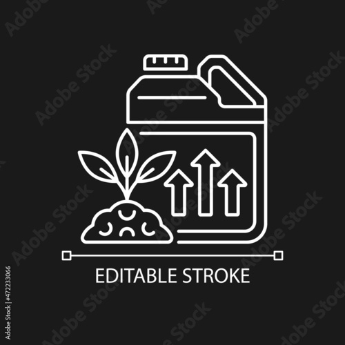Growth enhancer linear icon for dark theme. Plant, crops growing accelerator. Nourishing additive. Thin line customizable illustration. Isolated vector contour symbol for night mode. Editable stroke