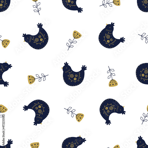 Vector seamless pattern with folk chickens in Scandinavian style