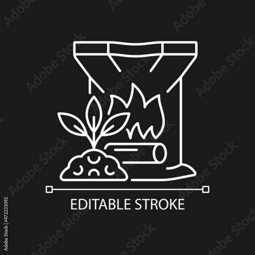 Wood ash linear icon for dark theme. Organic plants and crops fertilizer. Soil natural supplement. Thin line customizable illustration. Isolated vector contour symbol for night mode. Editable stroke
