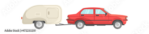 Red car with trailer. Mobile recreation transport for trip  icon flat vector illustration