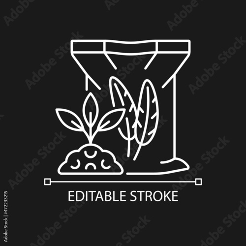 Feather meal linear icon for dark theme. Organic soil and plants supplement. Natural additive. Thin line customizable illustration. Isolated vector contour symbol for night mode. Editable stroke