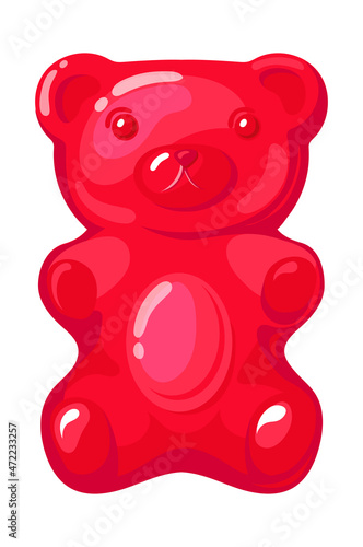 Red gummy bear. Fruit strawberry Jelly candy for baby, cartoon vector illustration