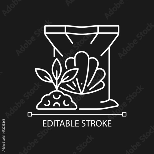 Shellfish fertilizer linear icon for dark theme. Organic soil, plants supplement. Natural additive. Thin line customizable illustration. Isolated vector contour symbol for night mode. Editable stroke