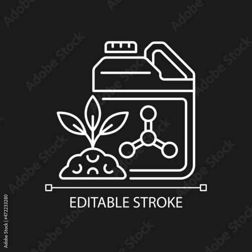 Synthetic fertilizers linear icon for dark theme. Inorganic substance for feeding plants. Thin line customizable illustration. Isolated vector contour symbol for night mode. Editable stroke