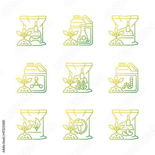 Natural fertilizers gradient linear vector icons set. Organic additives for ground and plants. Growth increasing. Thin line contour symbols bundle. Isolated outline illustrations collection