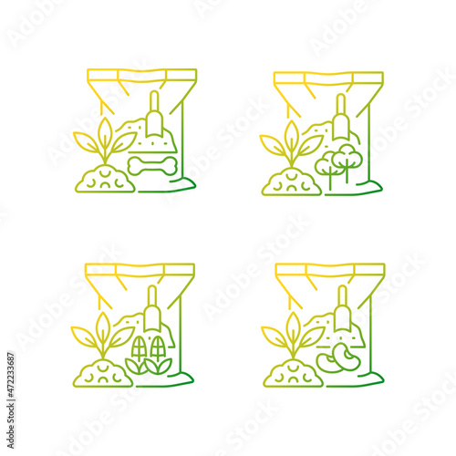 Organic supplements gradient linear vector icons set. Natural fertilizers for ground. Growth increasing. Dry additive. Thin line contour symbols bundle. Isolated outline illustrations collection