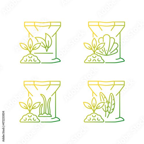 Natural plant meal gradient linear vector icons set. Shell, feather powder. Byproduct used as additive. Growth booster. Thin line contour symbols bundle. Isolated outline illustrations collection