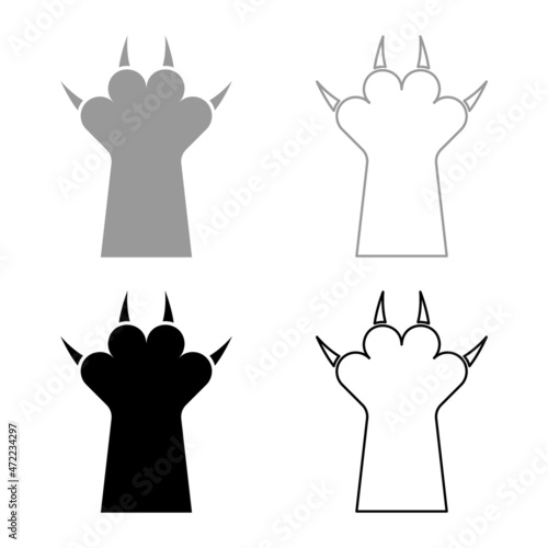 Paw with claw cat set icon grey black color vector illustration image flat style solid fill outline contour line thin
