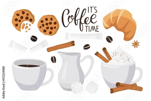 Coffee time with coffee mugs, creamer, croissant, cookies, cinnamon, sugar. Vector calligraphy lettering. Logo for coffee company. Template of banner or poster for coffee shop, restaurant, cafe.