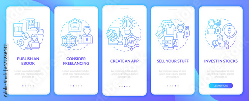 Money making ways onboarding mobile app page screen. Investment in stocks walkthrough 5 steps graphic instructions with concepts. UI, UX, GUI vector template with linear color illustrations