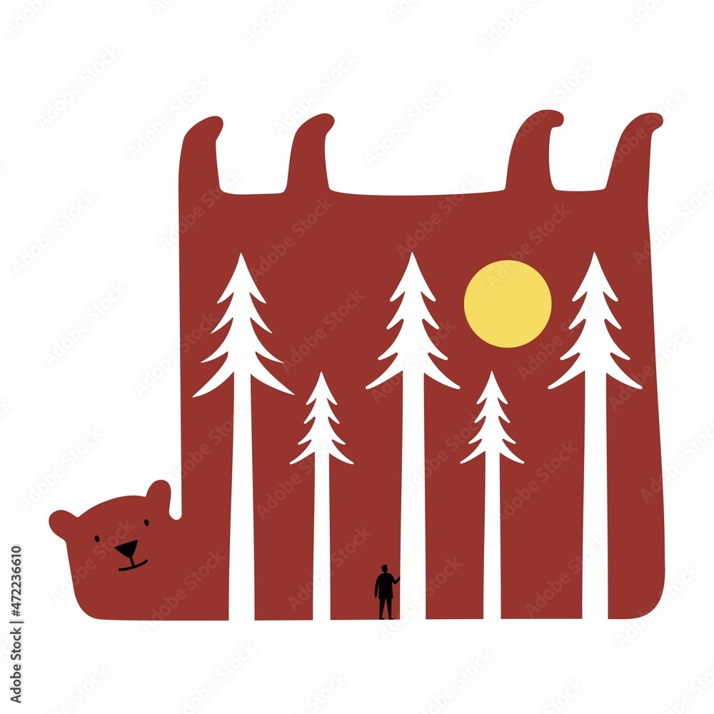 Vector illustration with brown bear, white pine trees, yellow sun and ...