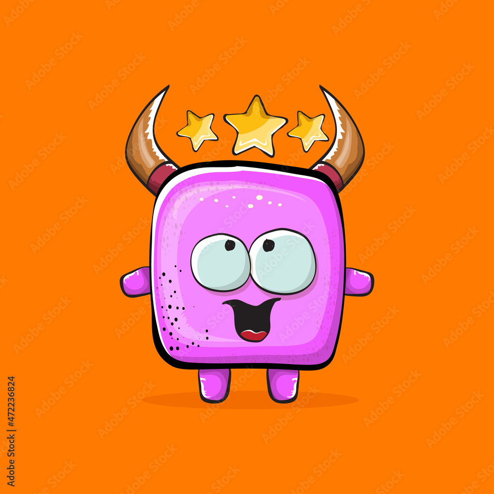 Naklejka premium Vector cartoon funny pink monster with horn isolated on orange background. Smiling silly pink monster print sticker design template. Ghost, troll, gremlin, goblin, devil and monster