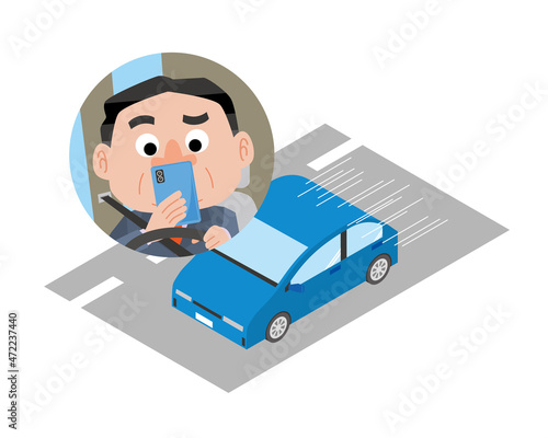 スマートフォンを見ながらよそ見運転する男性