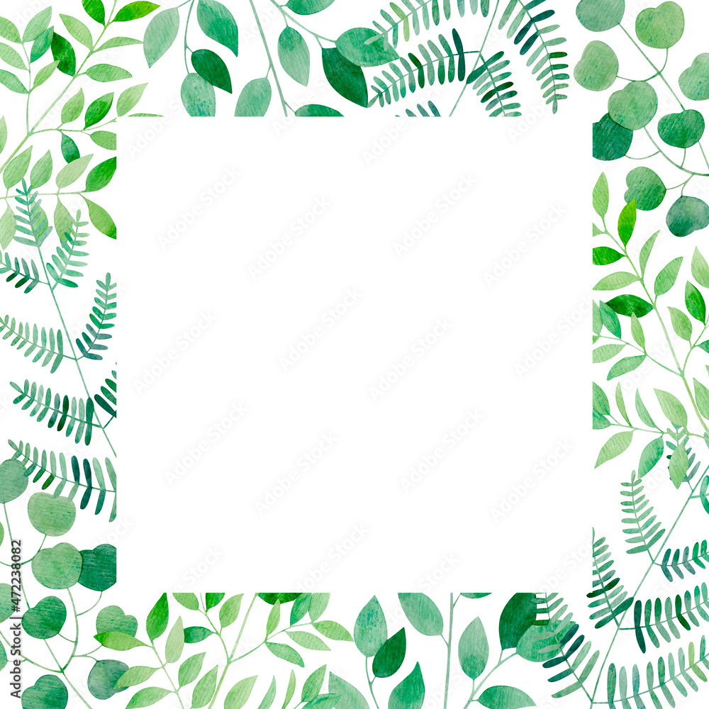Watercolor botanical frame with trendy greenery: eucalyptus, fern, salal lemon. Isolated floral border with green herbs and leaves for wedding, cards and invitations. Watercolor botanical frame with trendy greenery: eucalyptus, fern, salal lemon. Isolated floral border with green herbs and leaves for wedding, cards and invitations.