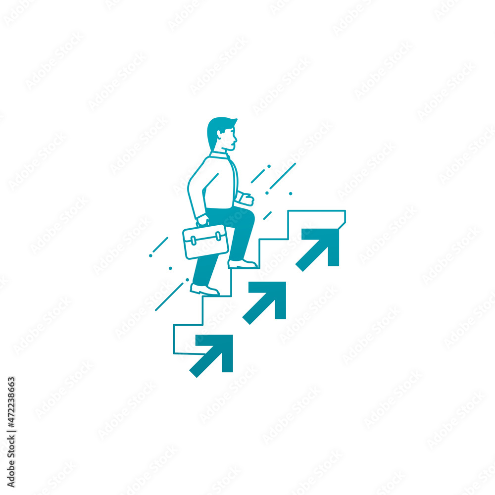 Man and arrow signs advancing on success ladder. vector icon