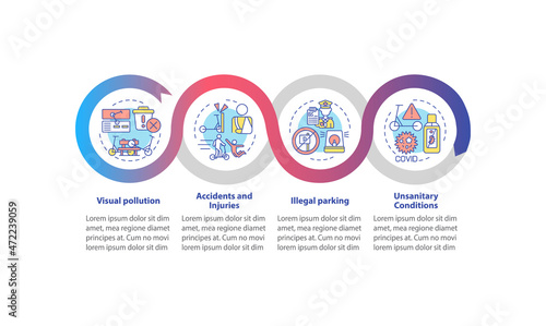 Electric scooters problems vector infographic template. Accidents presentation outline design elements. Data visualization with 4 steps. Process timeline info chart. Workflow layout with line icons