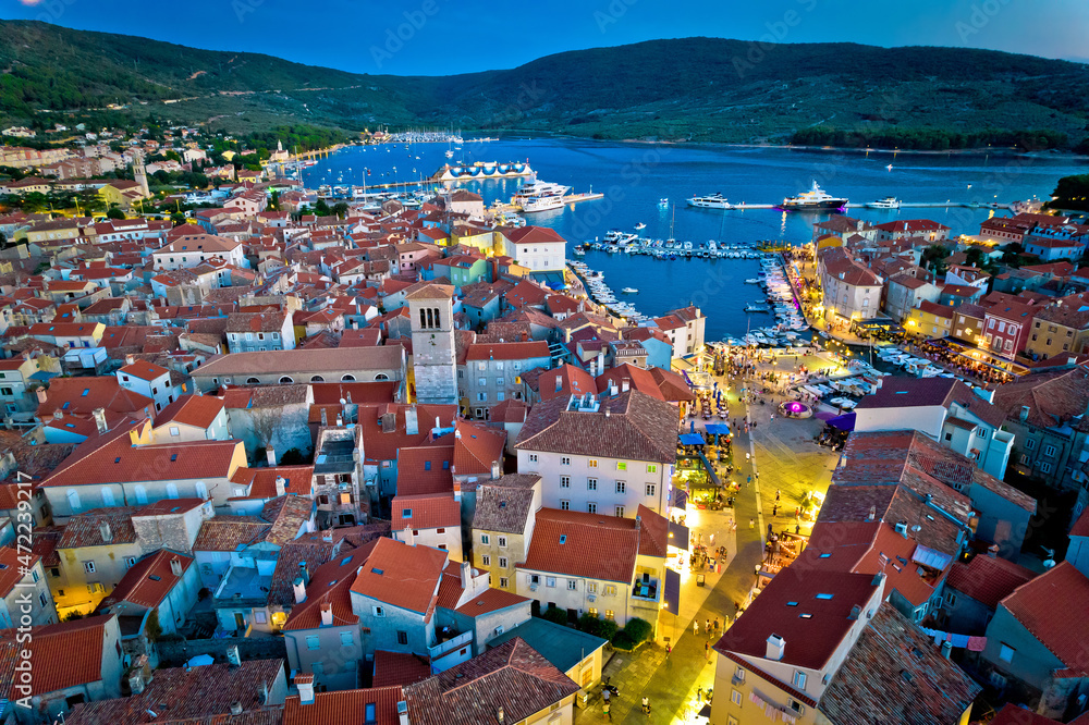 Town of Cres rooftops and waterfront aerial evening view, Island of Cres
