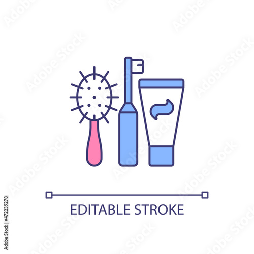 Personal hygiene products RGB color icon. Toothbrush with toothpaste. Essential items. Hair comb. Feminine care package. Isolated vector illustration. Simple filled line drawing. Editable stroke