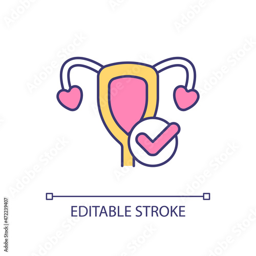Woman reproductive system health RGB color icon. Gynecologic visit. Healthy female internal genital organs. Female anatomy. Isolated vector illustration. Simple filled line drawing. Editable stroke