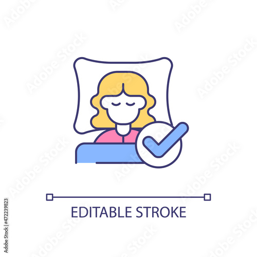 Improving sleep quality RGB color icon. Afternoon nap. Reducing insomnia symptoms. Regular bedtime. Good sleep hygiene. Isolated vector illustration. Simple filled line drawing. Editable stroke