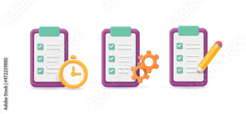 Clipboard with gear, Check list with clock icon, Clipboard task and pencil. Project management, time planning vector 3d