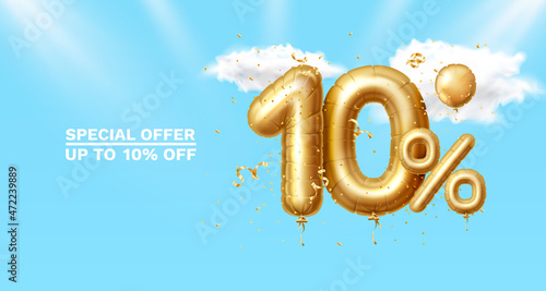 10 Off. Discount creative composition. 3d Golden sale symbol with decorative objects, heart shaped balloons, golden confetti, podium and gift box. Sale banner and poster. Vector