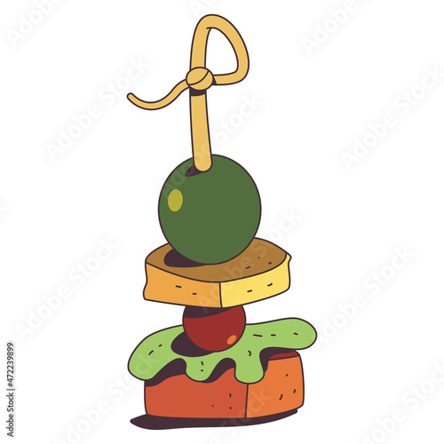 Canapes with green olive vector cartoon illustration isolated on a white background.