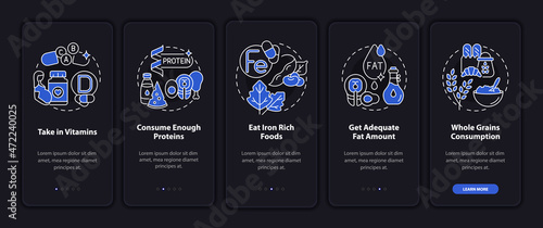 Nutrition during pregnancy onboarding mobile app page screen. Eat healthy foods walkthrough 5 steps graphic instructions with concepts. UI, UX, GUI vector template with linear night mode illustrations