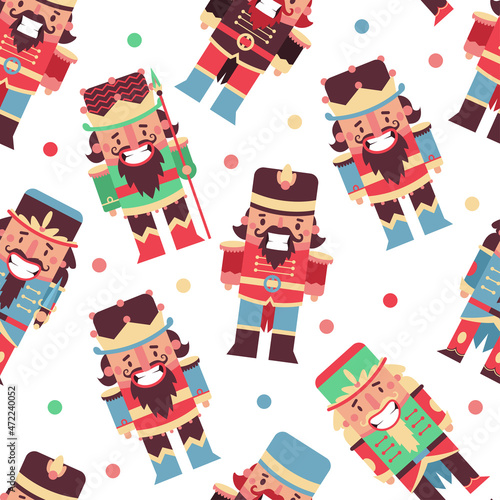 Christmas nutcrackers vector cartoon seamless pattern background for wallpaper, wrapping, packing, and backdrop.