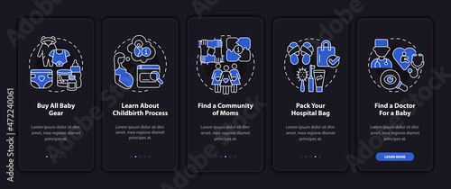 Preparing for newborn onboarding mobile app page screen. Find pediatrician walkthrough 5 steps graphic instructions with concepts. UI, UX, GUI vector template with linear night mode illustrations