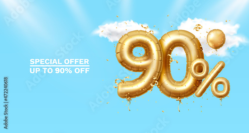 90 Off. Discount creative composition. 3d Golden sale symbol with decorative objects, heart shaped balloons, golden confetti, podium and gift box. Sale banner and poster. Vector