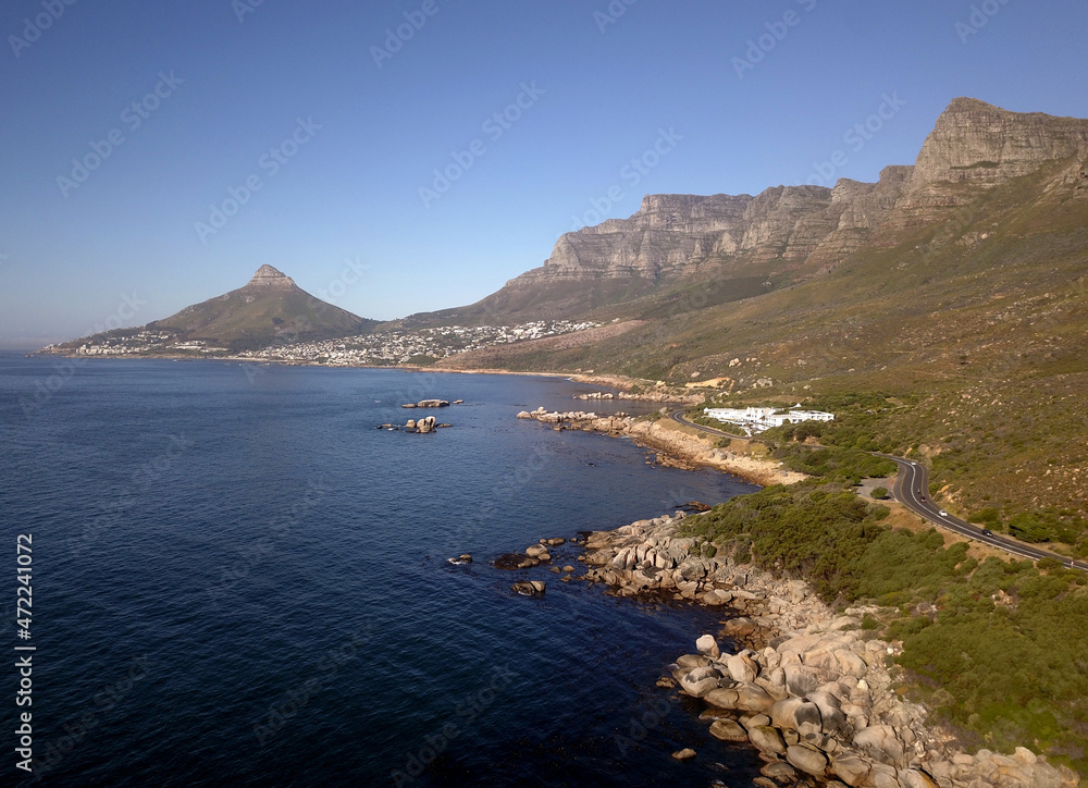Aerial view across the sea at Oudekraal to Cape Town, South Africa