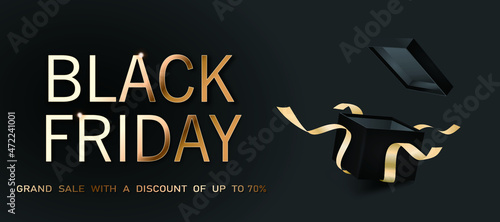 black Friday super sale realistic black gift box open gift box with golden ribbon golden text font new year and design Christmas background vector illustration