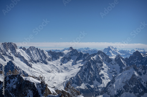 A view of the French Alps, Swiss Alps, and Italian Alps on a sunny summer day from the Aiguille du Midi near Mont Blanc in Chamonix, France