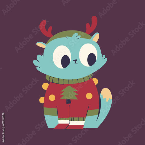 Cute Christmas cat in reindeer costumes vector cartoon illustration isolated on background.