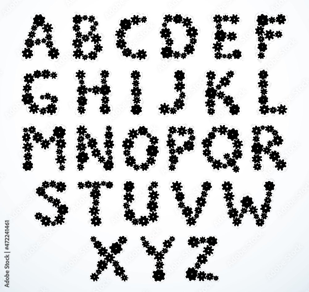 Vector alphabet of cheerful caricature hand-drawn characters consisting of spinning gears Vector alphabet of cheerful caricature hand-drawn characters consisting of spinning gears