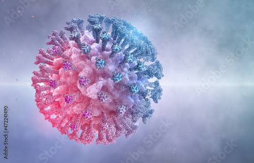 Coronavirus covid-19 Omicron variant. B.1.1.529 mutation virus cell 3D medical illustration background. Africa corona virus strain 2019-ncov sars. Mutated omicron coronavirus SARS-CoV-2 flu disease photo