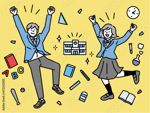 スクールライフ、学校、新学期のイラスト(合格、学生、部活、勉強、高校、中学、受験、お祝い、嬉しい、ガッツポーズ) School life, illustrations for the new semester.Passing, club activities, studying, high school, celebrations.