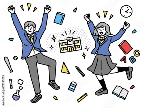 スクールライフ、学校、新学期のイラスト(合格、学生、部活、勉強、高校、中学、受験、お祝い、嬉しい、ガッツポーズ) School life, illustrations for the new semester.Passing, club activities, studying, high school, celebrations.