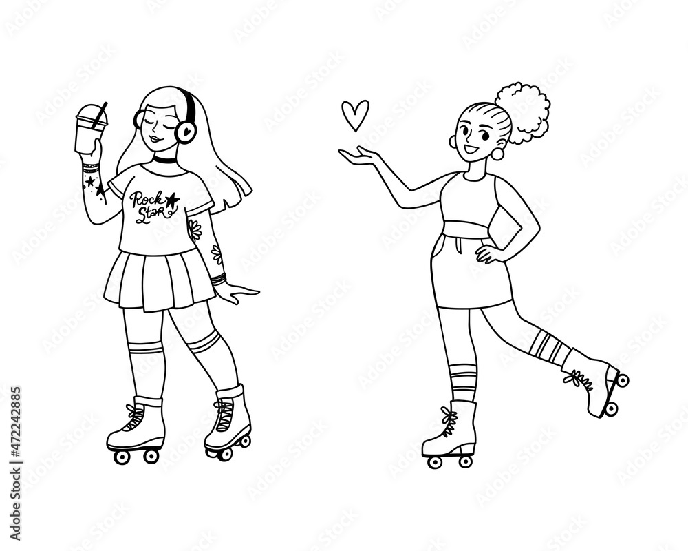 Cartoon young women riding retro roller boots. Vector outline illustration isolated on white background. Art for coloring page, web, advert, or print. Hobby, sports lifestyle. 