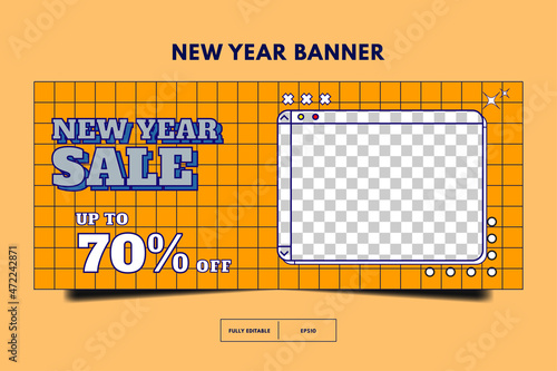 Horizontal banner template. Social media promotion template. New year sale 80s retro post template. memphis social media design. banner template design with space for photo