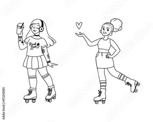 Cartoon young women riding retro roller boots. Vector outline illustration isolated on white background. Art for coloring page, web, advert, or print. Hobby, sports lifestyle. 