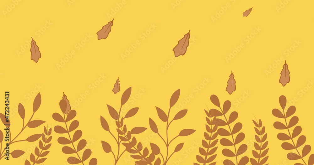Digitally generated image of autumn leaves over yellow background with copy space Digitally generated image of autumn leaves over yellow background with copy space