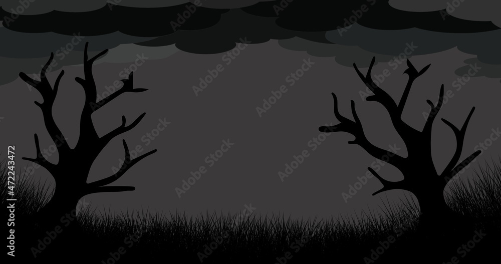 Digitally generated image of silhouette bare trees at night with copy space