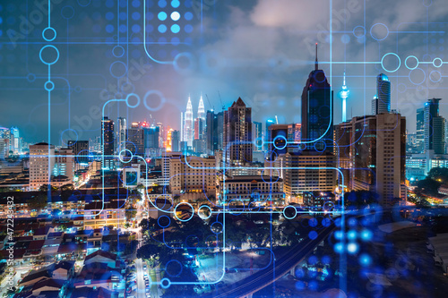 Photography Information flow hologram, night panorama city view of Kuala Lumpur