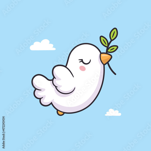 Cute dove of peace with olive branch kawaii cartoon vector illustration
