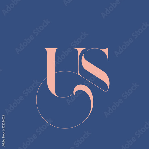 US monogram logo.Typographic signature icon.Decorative swirl uppercase letter u and letter s.Lettering sign isolated on dark fund.Wedding, fashion, beauty alphabet initials.Elegant, luxury style.