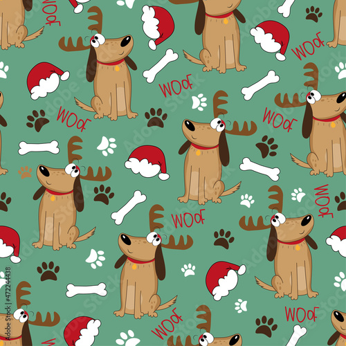 Dog seamless pattern for Christmas - santa hat, bone, paw print and cute dog in antler. Good for textile print, wrapping and wall paper, and other gifts design.